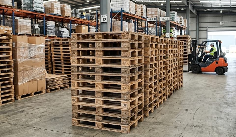 Stacked pallets with forklift in our inventory yard