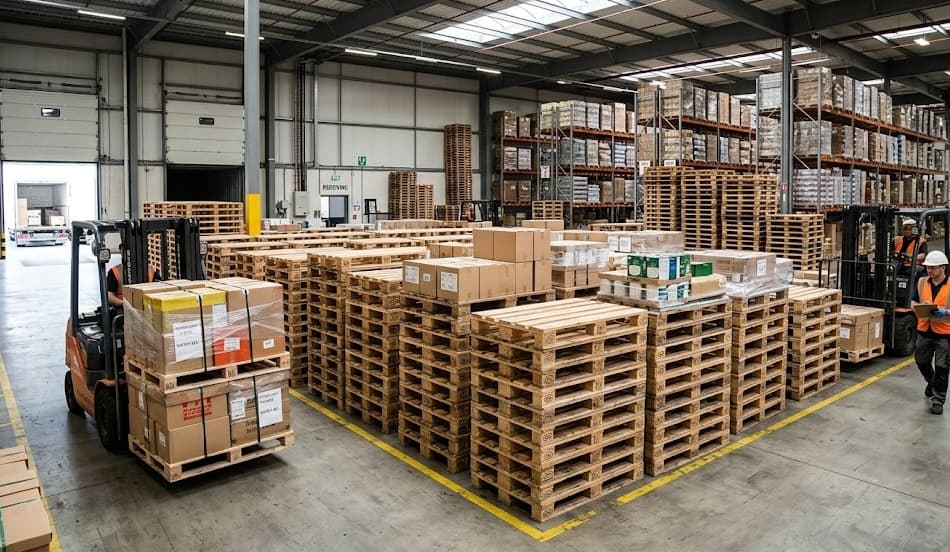 Full warehouse with pallets and boxes ready for shipment
