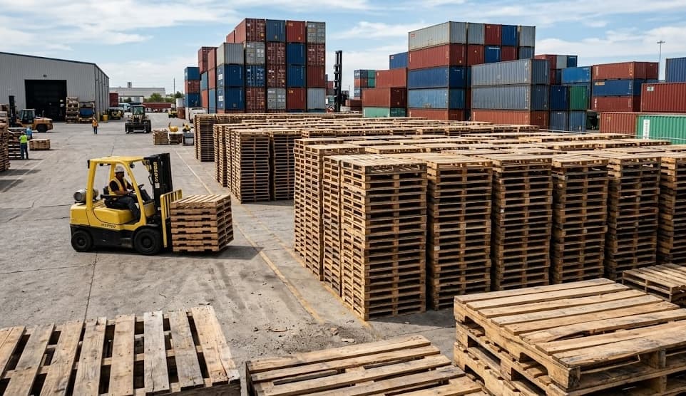 Outdoor pallet yard with containers at Ace Pallet Service
